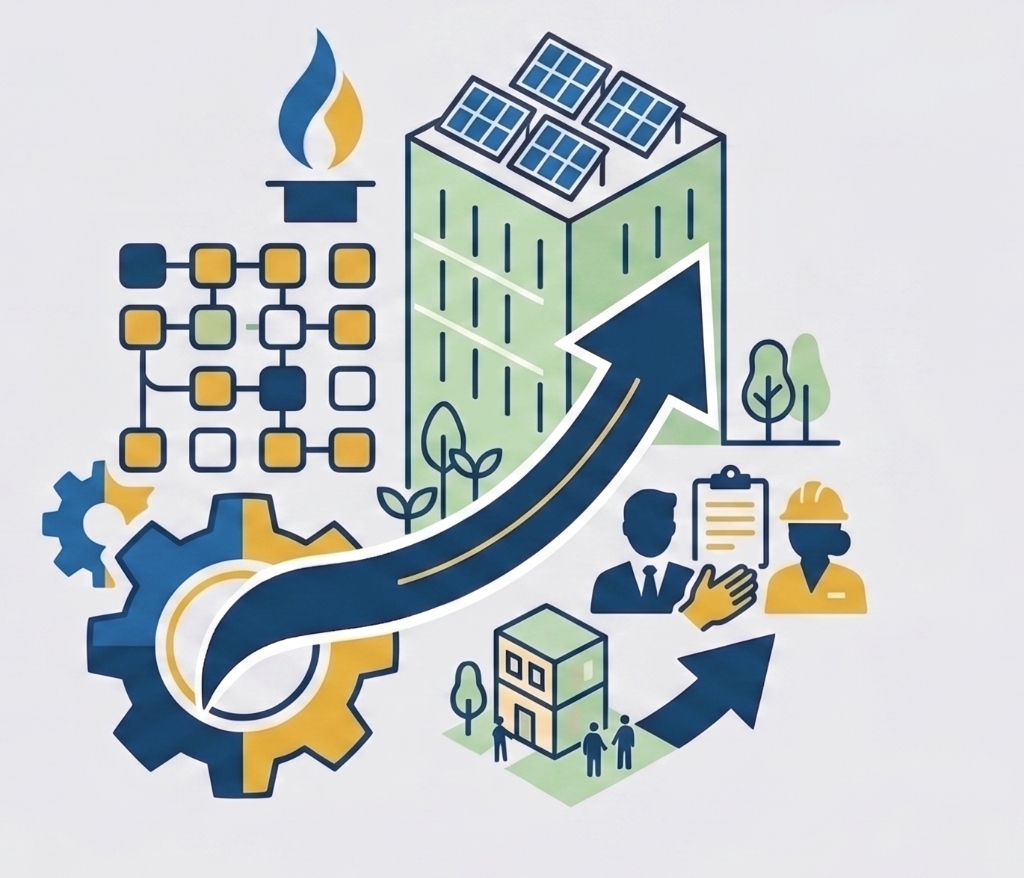 Illustration depicting strategic growth, resilience, and operational efficiency with gears, a building, and an upward arrow