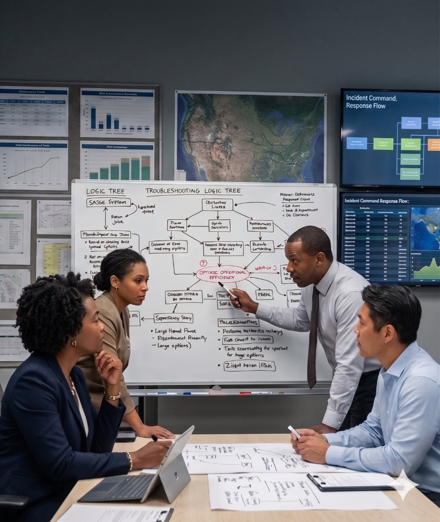 Four GDV Consultants professionals collaborating in a briefing room around a whiteboard showing a troubleshooting logic tree diagram