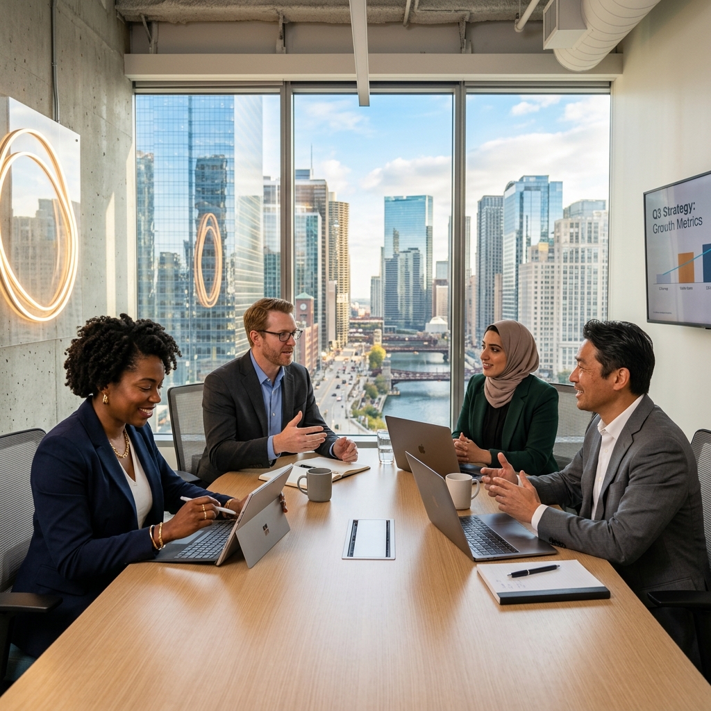Four GDV Consultants professionals collaborating in a modern conference room with a city skyline background, one using a tablet